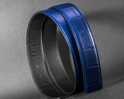 Bespoke Reversible Belt in Navy Blue Crocodile & Black Box
