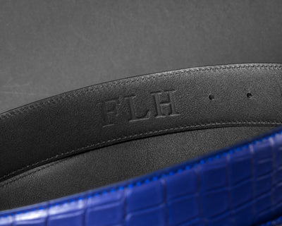 Bespoke Reversible Belt in Navy Blue Crocodile & Black Box