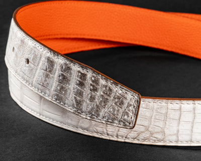 Bespoke Reversible Belt in Natural Himalayan Crocodile & Orange Togo