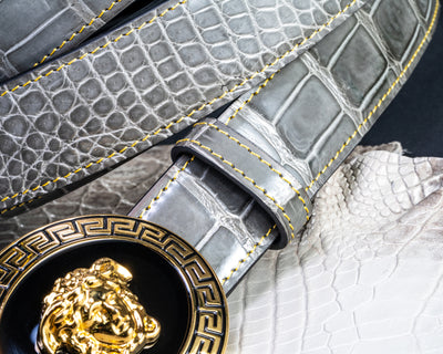 Bespoke Reversible Belt in Grey Crocodile & Black Box