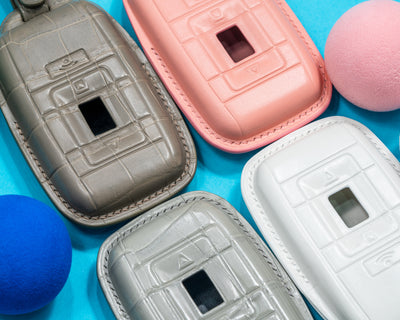 Bespoke Key Fob Covers in Grey Crocodile & Pink & White Nappa