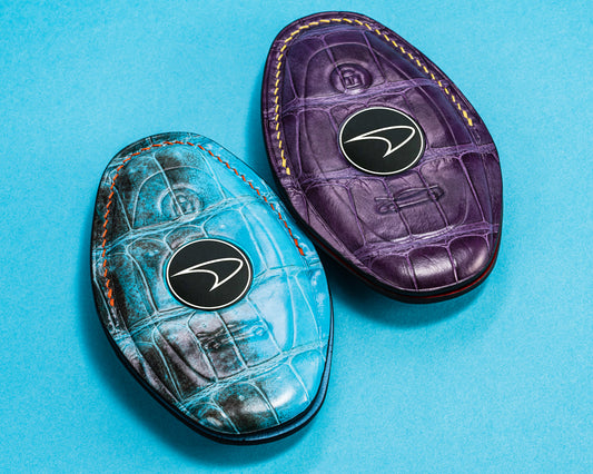 Bespoke Key Fob Cover in Purple Alligator and Tiffany Blue Himalayan for Mclaren 720S
