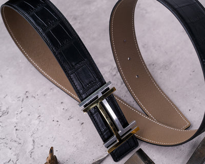 Bespoke Reversible Belt in Black Crocodile & Taupe Epsom