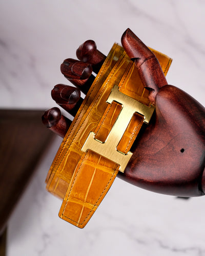 Bespoke Reversible Belt in Yellow Crocodile & Navy Blue Epsom