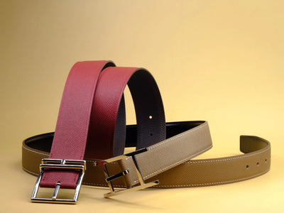 Bespoke Reversible Belts in Maroon Red & Taupe Epsom, Chocolate Brown Togo & Black Box