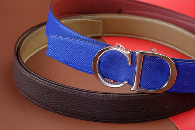 Bespoke Reversible Belts in Electric Blue, Taupe Epsom & Chocolate Brown, Maroon Togo