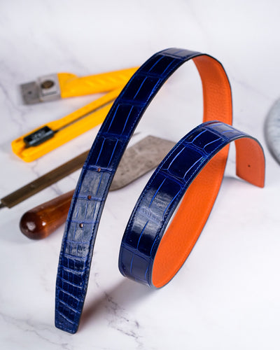 Bespoke Reversible Belt in Electric Blue Crocodile & Orange Togo