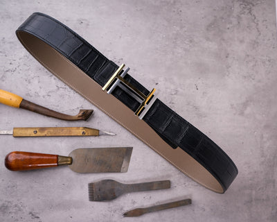 Bespoke Reversible Belt in Black Crocodile & Taupe Epsom