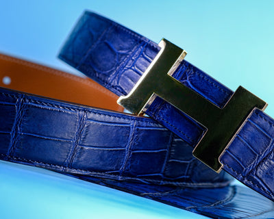 Bespoke Reversible Belt in Electric Blue Crocodile & Taupe Togo