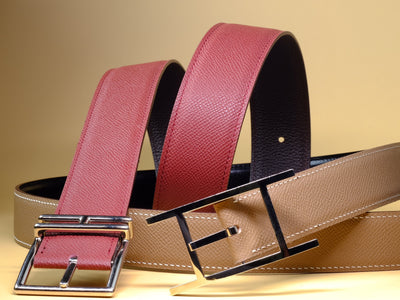 Bespoke Reversible Belts in Maroon Red & Taupe Epsom, Chocolate Brown Togo & Black Box