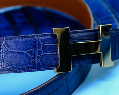 Bespoke Reversible Belt in Electric Blue Crocodile & Taupe Togo