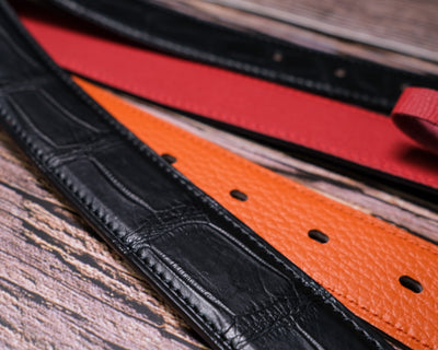 Bespoke Reversible Belts in Black Crocodile, Orange Togo & Maroon Red Epsom