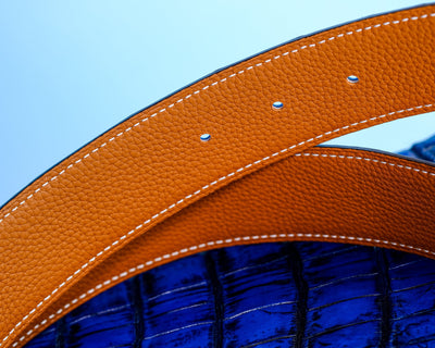 Bespoke Reversible Belt in Electric Blue Crocodile & Taupe Togo