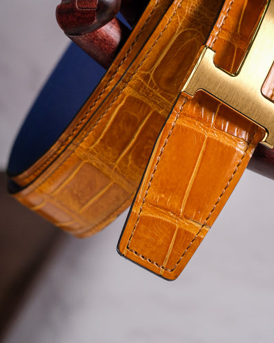 Bespoke Reversible Belt in Yellow Crocodile & Navy Blue Epsom