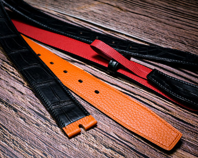 Bespoke Reversible Belts in Black Crocodile, Orange Togo & Maroon Red Epsom