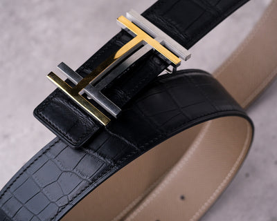 Bespoke Reversible Belt in Black Crocodile & Taupe Epsom