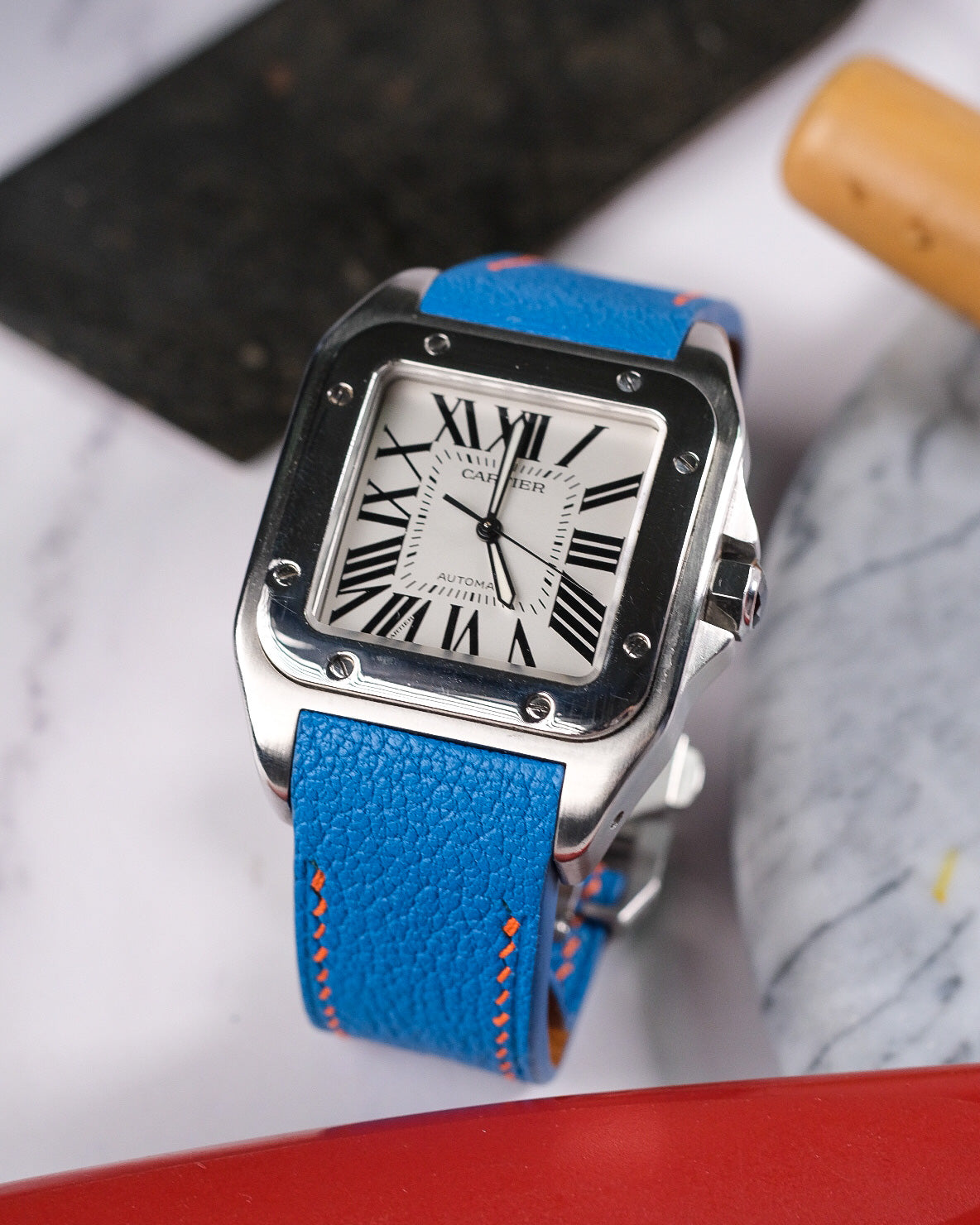 Cartier santos on sale 100 blue strap