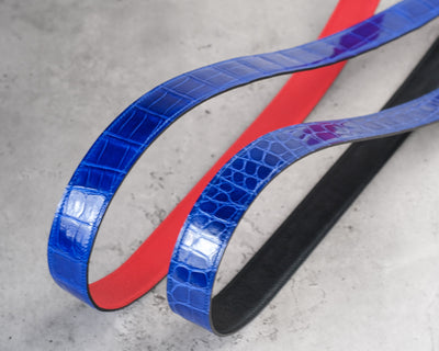 Bespoke Reversible Belts in Electric Blue Crocodile, Black & Maroon Red Epsom