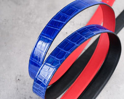 Bespoke Reversible Belts in Electric Blue Crocodile, Black & Maroon Red Epsom