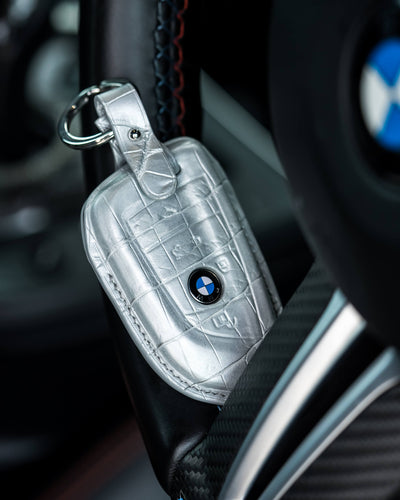 Bespoke Key Fob Cover in Metallic Silver Alligator