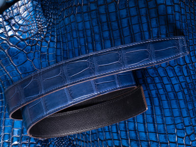 Bespoke Reversible Belt in Electric Blue Crocodile & Black Box