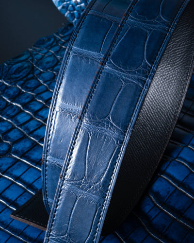 Bespoke Reversible Belt in Electric Blue Crocodile & Black Box