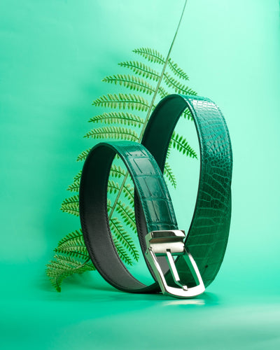 Bespoke Reversible Belt in Hunter Green Crocodile & Black Box
