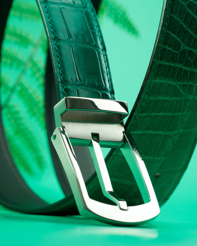 Bespoke Reversible Belt in Hunter Green Crocodile & Black Box