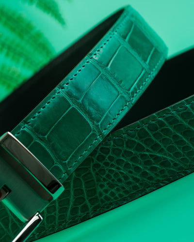 Bespoke Reversible Belt in Hunter Green Crocodile & Black Box