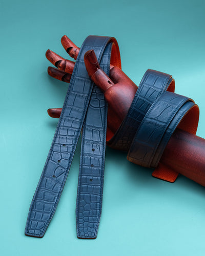 Bespoke Reversible Belts in Blue Crocodile & Orange Togo