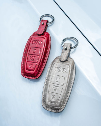 Bespoke Key Fob Covers in Blood Red & Grey Himalayan Crocodile