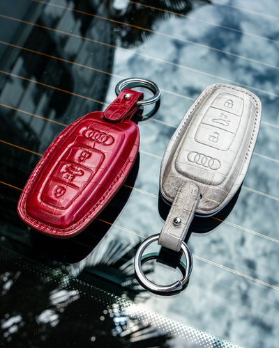 Bespoke Key Fob Covers in Blood Red & Grey Himalayan Crocodile
