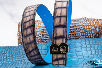 Bespoke Reversible Belt in Grey Rubbed Off Crocodile & Miami Blue Epsom