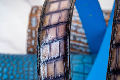 Bespoke Reversible Belt in Grey Rubbed Off Crocodile & Miami Blue Epsom