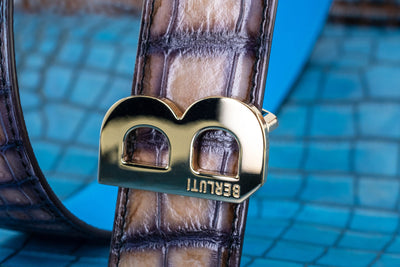 Bespoke Reversible Belt in Grey Rubbed Off Crocodile & Miami Blue Epsom