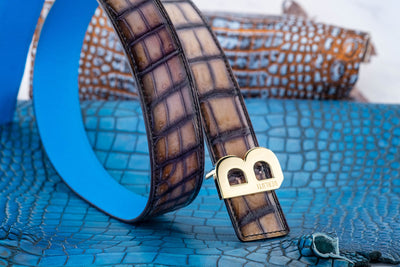 Bespoke Reversible Belt in Grey Rubbed Off Crocodile & Miami Blue Epsom