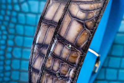 Bespoke Reversible Belt in Grey Rubbed Off Crocodile & Miami Blue Epsom