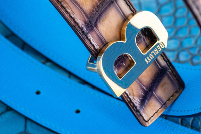 Bespoke Reversible Belt in Grey Rubbed Off Crocodile & Miami Blue Epsom