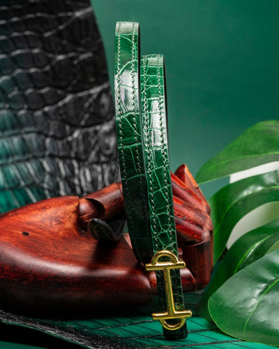 Bespoke Reversible Belt in Hunter Green Crocodile & Black Box