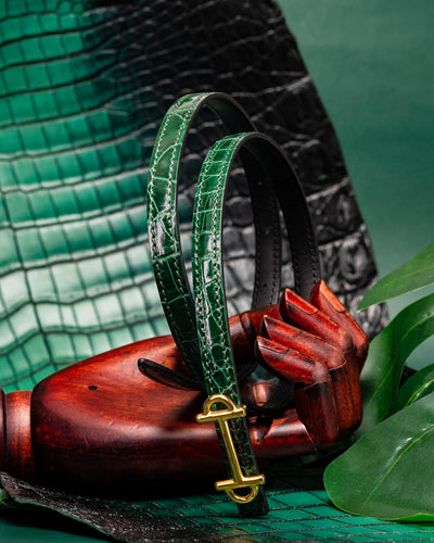 Bespoke Reversible Belt in Hunter Green Crocodile & Black Box