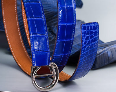 Bespoke Reversible Belt in Blue Crocodile & Chestnut Brown Epsom