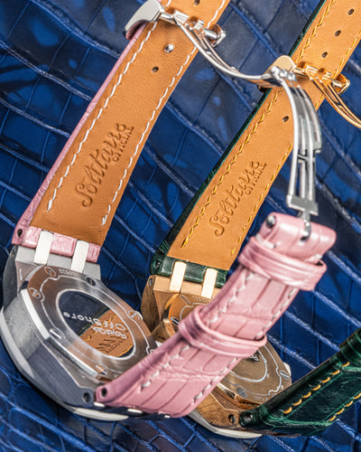Bespoke Watch Strap in Emerald Green & Baby Pink Crocodile