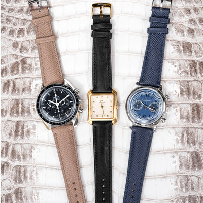 Solitaire Universal Straps in Sandstorm Epsom, Midnight Storm Epsom and Black Carbon Pueblo