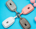 Bespoke Key Fob Covers in Grey Crocodile & Pink & White Nappa