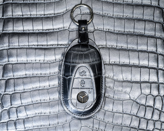 Bespoke Key Fob Cover in Metallic Black Crocodile