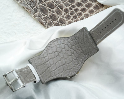 Bespoke Bund Strap in White & Elephant Grey Crocodile