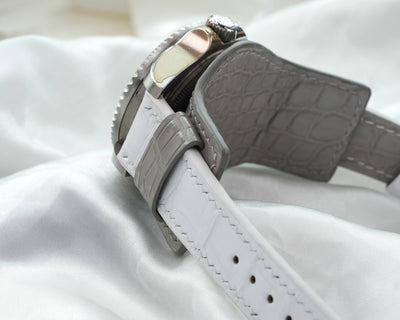 Bespoke Bund Strap in White & Elephant Grey Crocodile