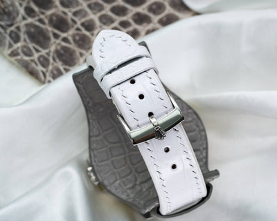 Bespoke Bund Strap in White & Elephant Grey Crocodile