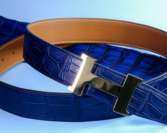 Bespoke Reversible Belt in Electric Blue Crocodile & Taupe Togo