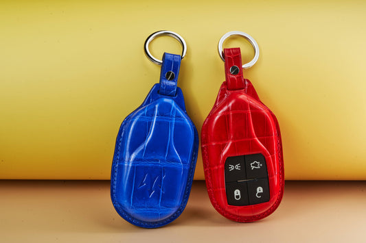 Bespoke Key Fob Covers in Electric Blue & Ferrari Red Crocodile